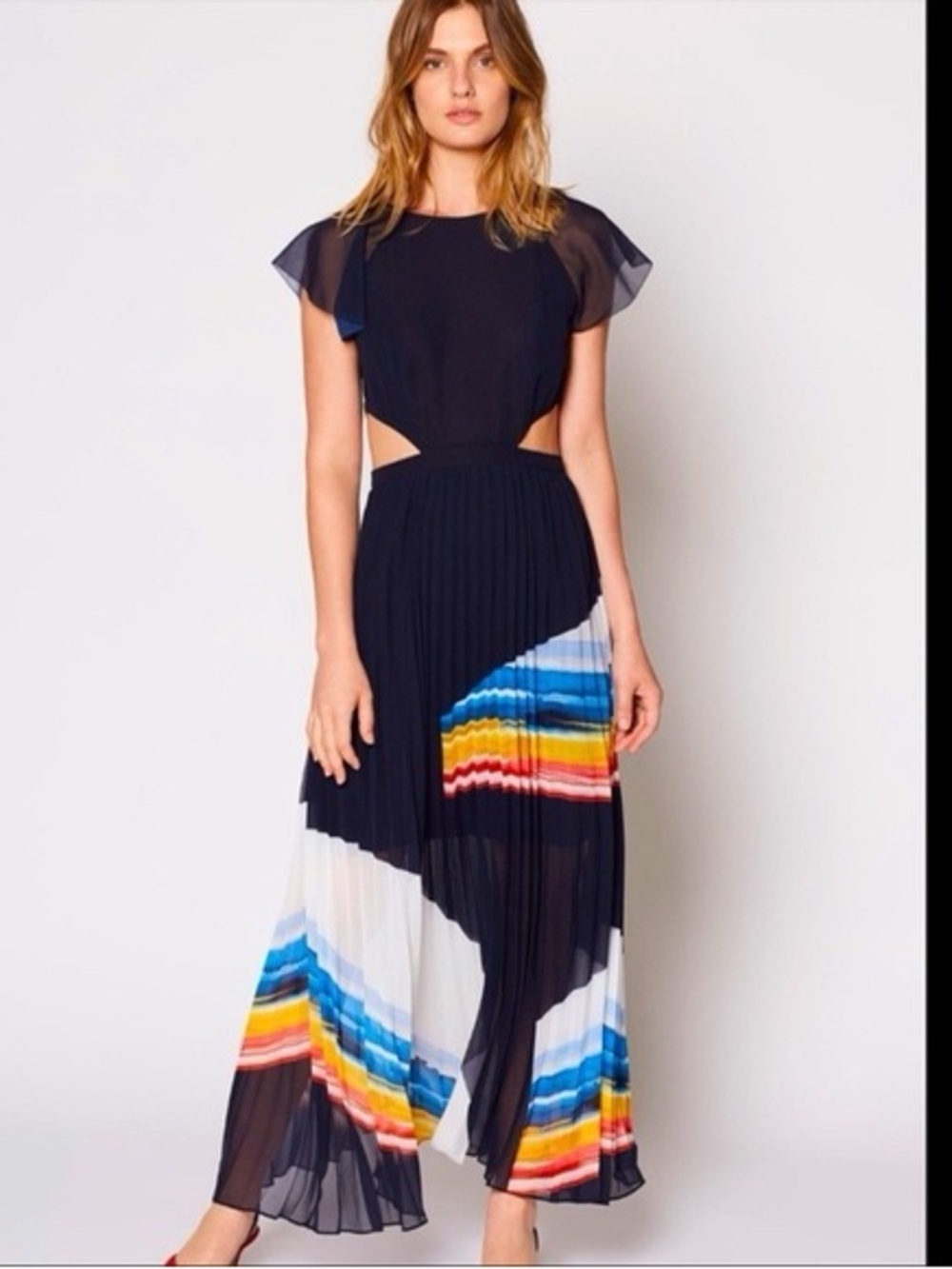 Joie Navy Maxi Dress with Rainbow Stripe Pleated Skirt